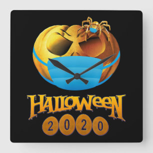 Halloween Funny Scary Pumpkin And Spider With Mask Square Wall Clock