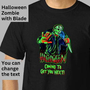 Halloween Funny Scary Zombie Mask Knife on Men's T-Shirt