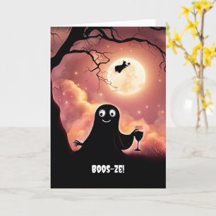 Halloween Funny Wine with Ghost and Witch Booze Card