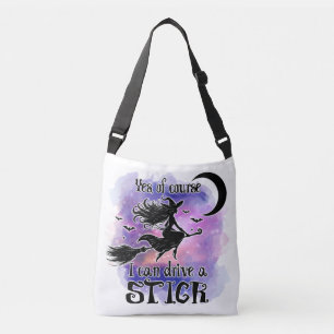 Halloween Funny Witch Riding Broom Crossbody Bag