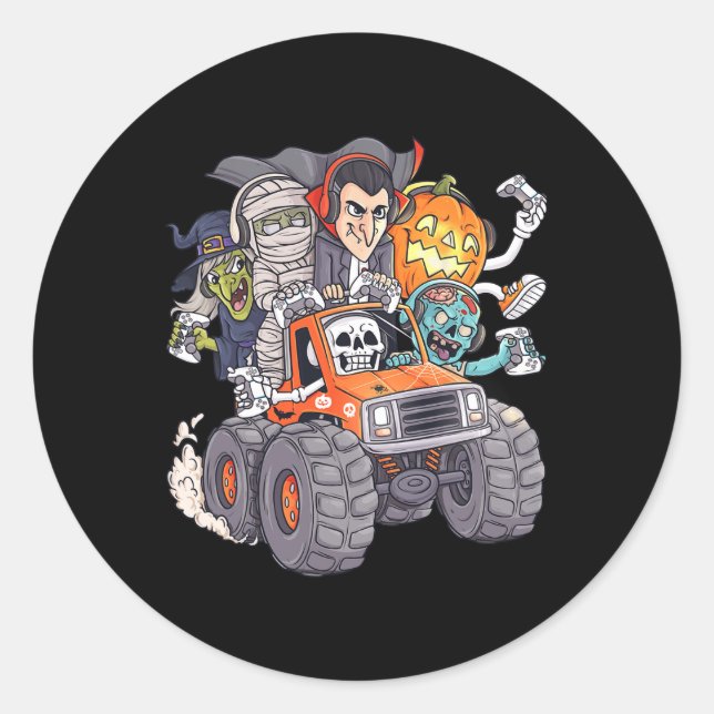 Halloween Gamer Skeleton Zombie Monster Truck Boys Classic Round Sticker (Front)