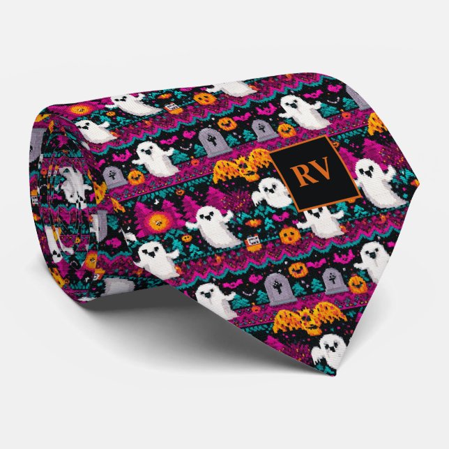 Halloween Gamming Pixel Spook Sweater Monogrammed Tie (Rolled)
