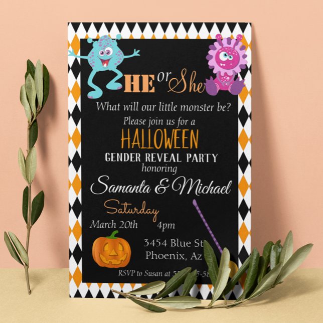 Halloween Gender Baby Reveal Party Monster Orange Invitation (Creator Uploaded)