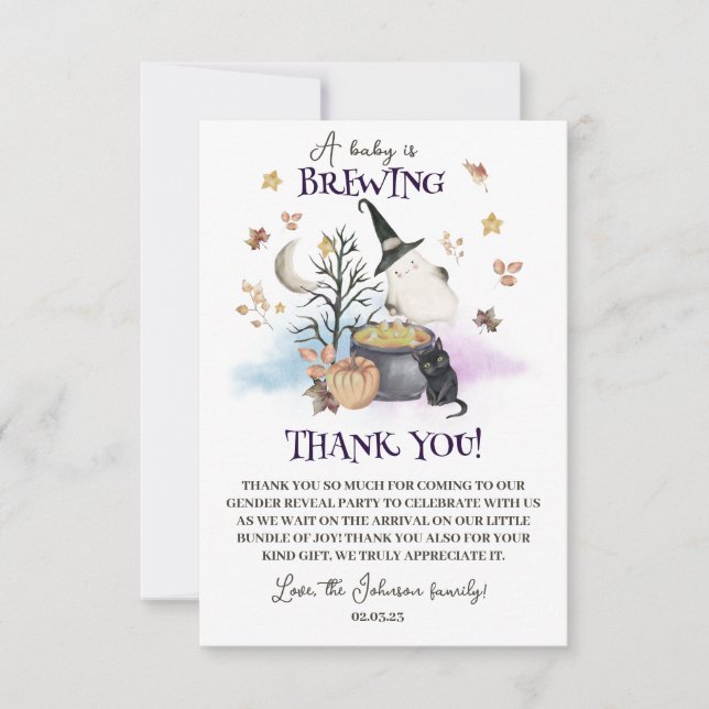 Halloween Gender Reveal Baby is Brewing Thank You Card (Front)