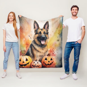 Halloween German Shepherd With Pumpkins Scary  Fleece Blanket