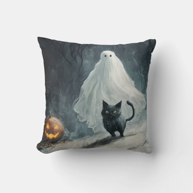Halloween Ghost and Black Cat  Cushion (Front)