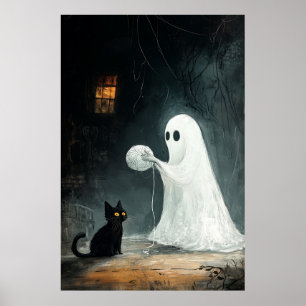 Halloween Ghost and Black Cat Playing with Yarn Poster