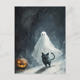 Halloween Ghost and Black Cat  Postcard