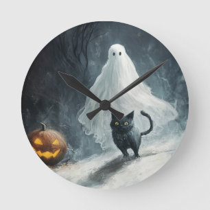 Halloween Ghost and Black Cat Round Clock