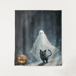 Halloween Ghost and Black Cat  Tapestry