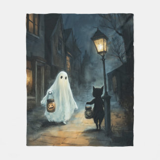 Halloween Ghost and Cat Encounter Fleece Blanket