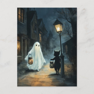Halloween Ghost and Cat Encounter Postcard
