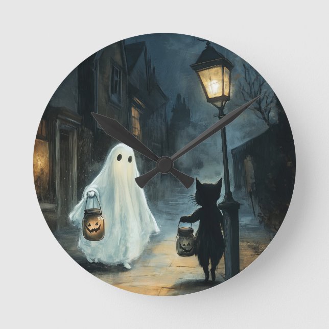 Halloween Ghost and Cat Encounter Round Clock (Front)