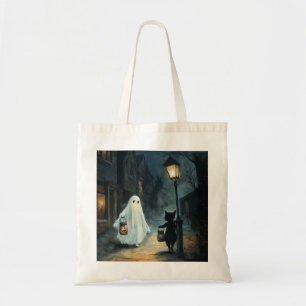 Halloween Ghost and Cat Encounter Tote Bag