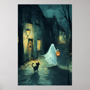 Halloween Ghost and Cat Trick or Treat Poster