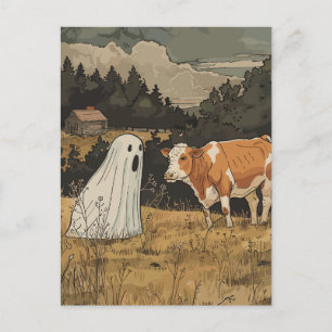 Halloween Ghost and Cow Vintage Farm Postcard