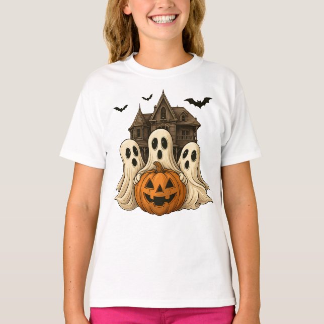 Halloween Ghost and Pumpkin Cute Spooky T-Shirt (Front)