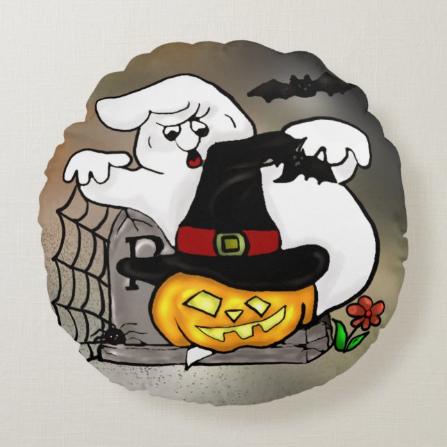 Halloween ghost and pumpkin round cushion (Front)