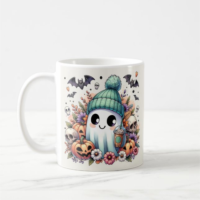 Halloween Ghost and pumpkins Coffee Mug (Left)