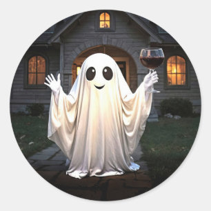 Halloween Ghost and Wine  Classic Round Sticker