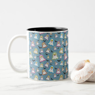Halloween Ghost, Bats, Star, Confetti on Blue Two-Tone Coffee Mug