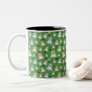 Halloween Ghost, Bats, Star, Confetti on Green Two-Tone Coffee Mug