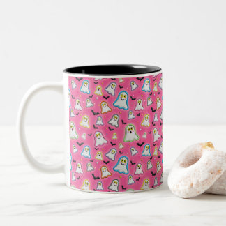 Halloween Ghost, Bats, Star, Confetti on Pink Two-Tone Coffee Mug