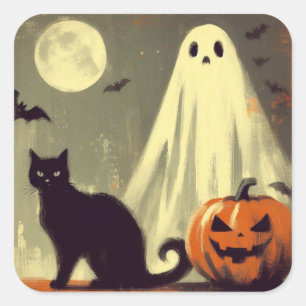 Halloween Ghost, Black Cat and Jack-o'-lantern  Square Sticker