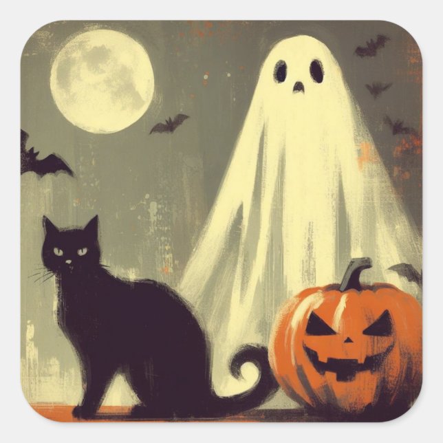 Halloween Ghost, Black Cat and Jack-o'-lantern  Square Sticker (Front)