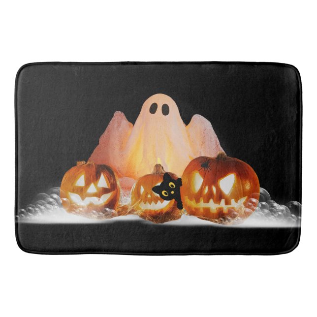 Halloween Ghost & Black Cat Bathroom Bubbles Bath Mat (Front)