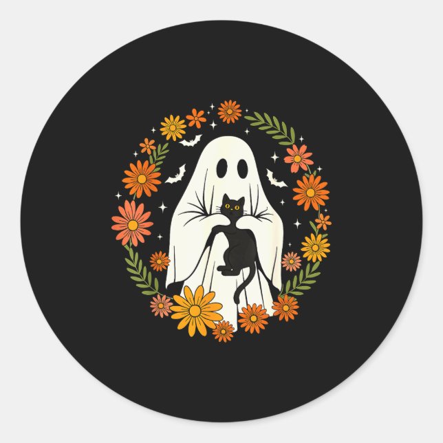 Halloween Ghost Black Cat Cute Funny  Classic Round Sticker (Front)
