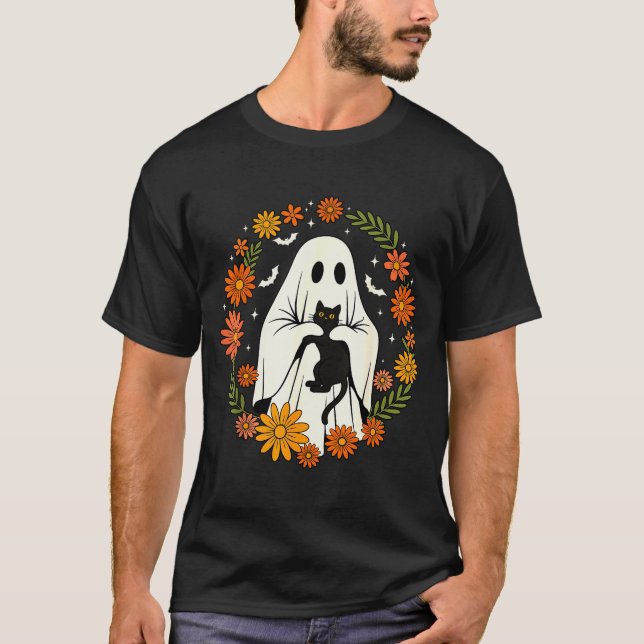 Halloween Ghost Black Cat Cute Funny  T-Shirt (Front)