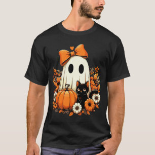Halloween Ghost Black Cat Floral Groovy T-Shirt