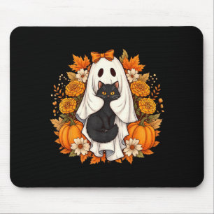 Halloween Ghost Black Cat Flowers Mouse Pad