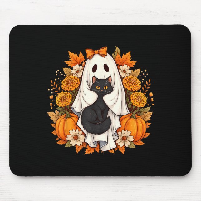 Halloween Ghost Black Cat Flowers Mouse Pad (Front)
