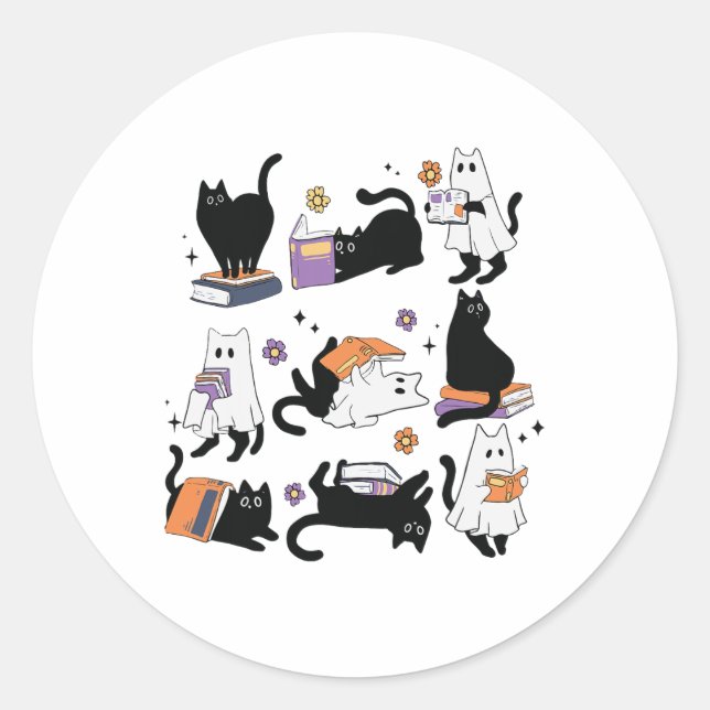 Halloween Ghost Black Cat Reading Book Costume  Classic Round Sticker (Front)