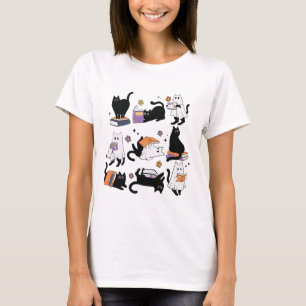 Halloween Ghost Black Cat Reading Book Costume  T-Shirt