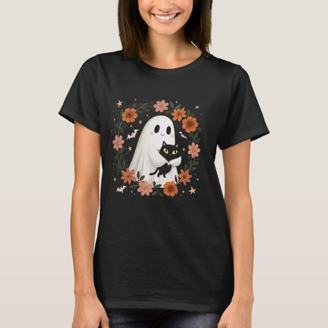 Halloween Ghost Black Cat  T-Shirt (Front)