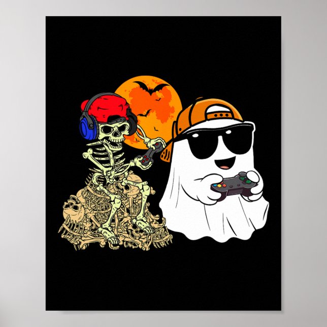 Halloween Ghost Boys Kids Gaming Scary Skeleton Ga Poster (Front)