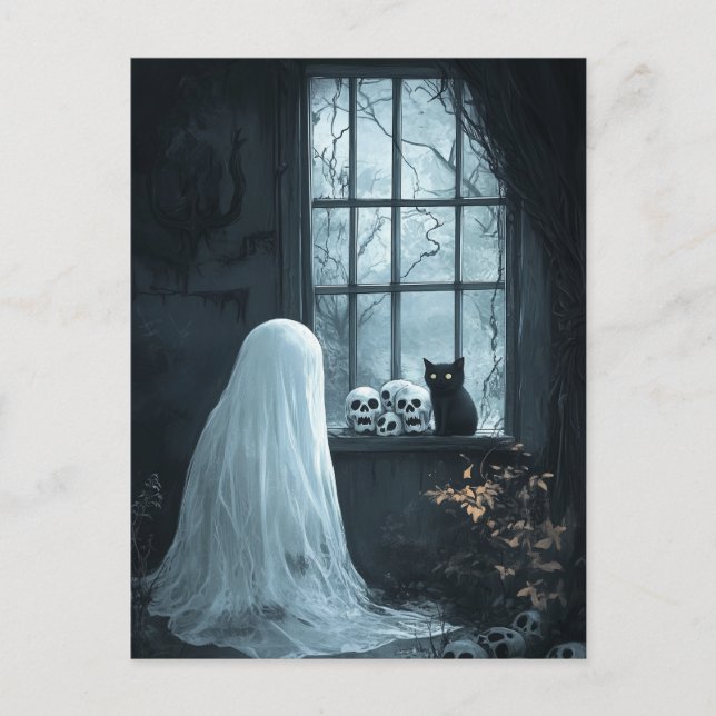 Halloween Ghost, Cat  and Skuls Postcard (Front)