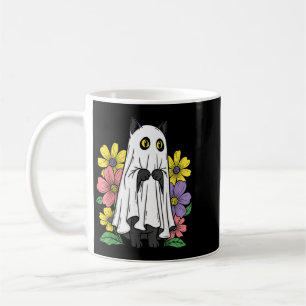 Halloween Ghost Cat Cute Black Cat Flowers Coffee Mug