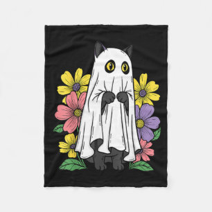 Halloween Ghost Cat Cute Black Cat Flowers Fleece Blanket