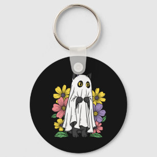 Halloween Ghost Cat Cute Black Cat Flowers Key Ring