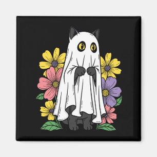 Halloween Ghost Cat Cute Black Cat Flowers Magnet