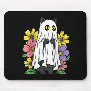Halloween Ghost Cat Cute Black Cat Flowers Mouse Pad