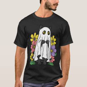 Halloween Ghost Cat Cute Black Cat Flowers T-Shirt