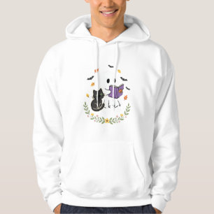 Halloween Ghost Cat Reading Book Floral Design_1 Hoodie