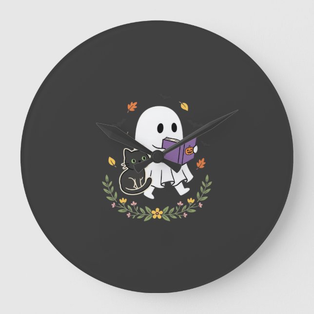 Halloween Ghost Cat Reading Book Floral Design_1 Large Clock (Front)