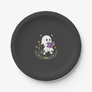 Halloween Ghost Cat Reading Book Floral Design_1 Paper Plate