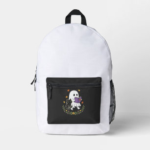 Halloween Ghost Cat Reading Book Floral Design_1 Printed Backpack